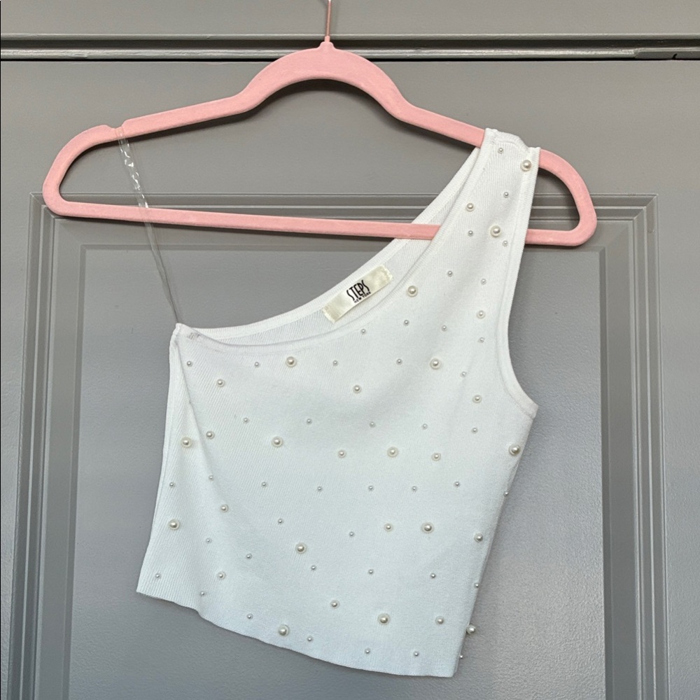 Tobi White Pearl-Embellished One-Shoulder Crop Top